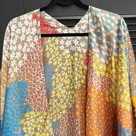 Multicolor Silky Boho Floral Kimono with Golden Yellow Accents O/S - Picture 2 of 11